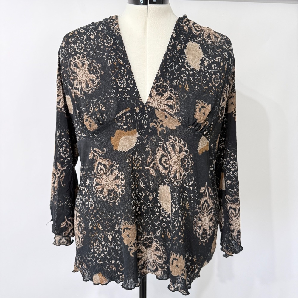 Vintage New York City Design Co Semi Sheer Floral Top 1X Flare Sleeves Black Tan
